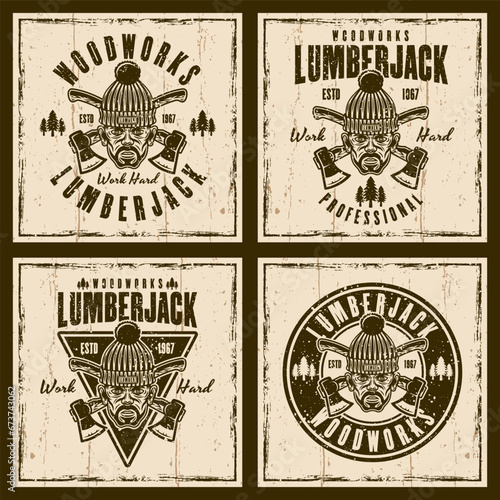 Lumberjack set of vector vintage emblems, labels, badges or prints on background with grunge textures