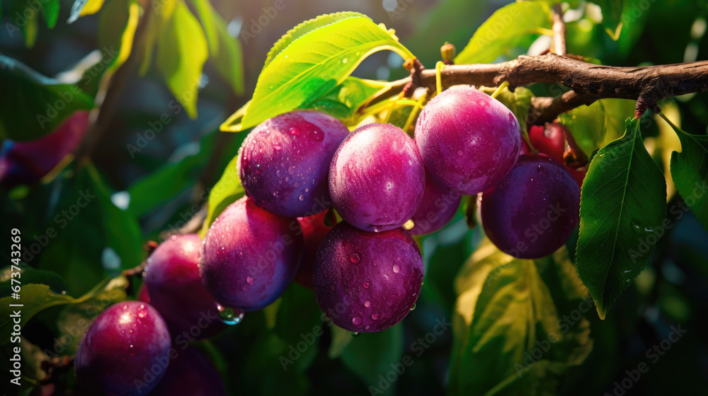 Plum Berries Prunus cerasifera Ripening on the Tree Branches Plum Berries Prunus cerasifera Ripening on the Tree Branches