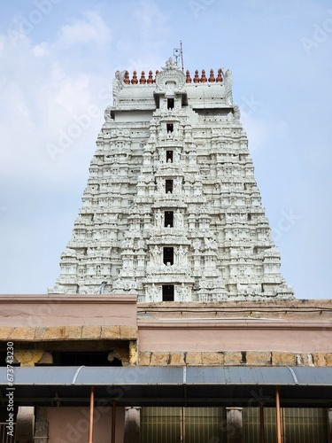 Tiruchirappalli, Tamil Nadu India - Oct 18 2023: Vellai gopuram in Sri Ranganatha Swamy Temple, Srirangam (Divya Desam) photo