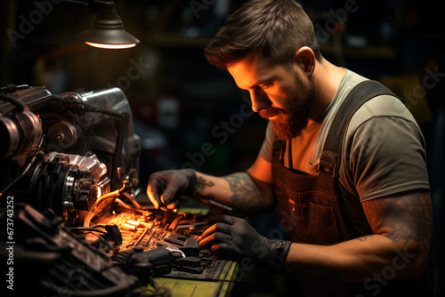 A very focused man working on fixing an engine.