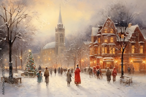 Christmas winter Street Scene Traditional Featuring a Snow Covered Town Glowing Lights People Shopping Large Decorated Christmas Tree Painted painting Card Calendar Style cosy