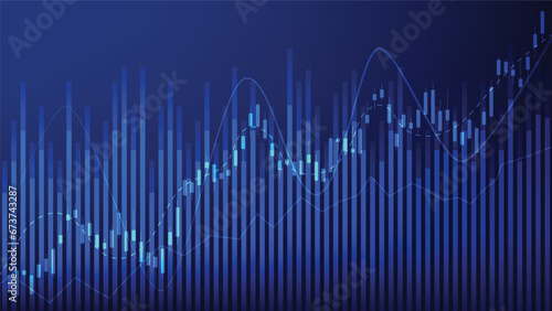 Financial business statistics with bar graph and candlestick chart show stock market price on dark blue background