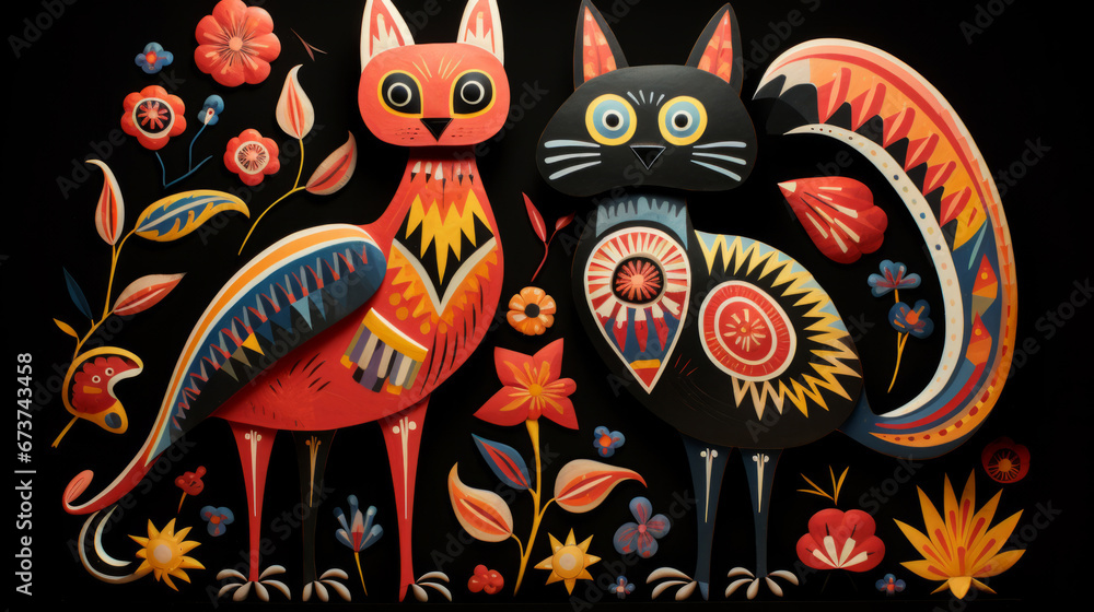 Mexican inspired animals cat and rooster, black background, cats, birds and flowers. Mexican inspired animals cat and rooster, black background, cats, birds and flowers.