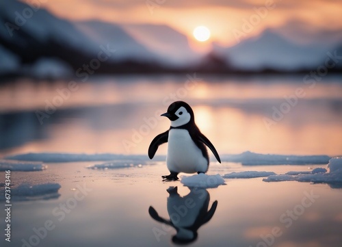 baby penguen running on ice to the camera  sunset  closeup view  