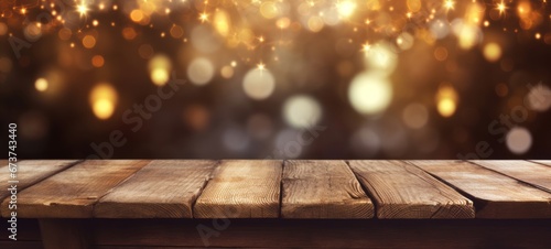 Winter holiday christmas xmas background banner greeting card - Empty old wooden table boards with dark night sky and golden bokeh lights