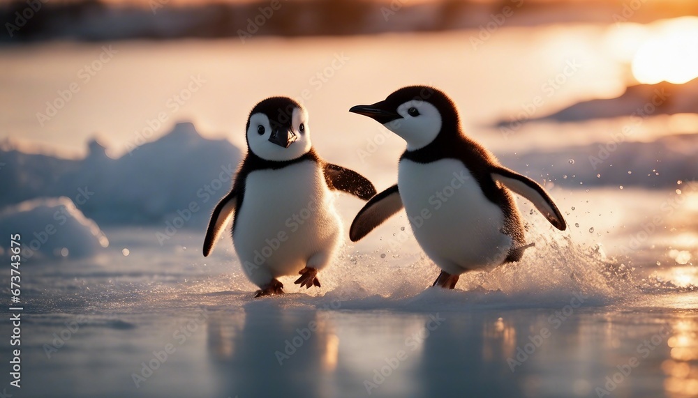 Fototapeta premium baby penguen running on ice to the camera, sunset, closeup view