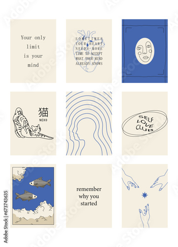 Set of positive social media quotes, motivation posters on trendy abstract background in neutral colors (Japanese text translation: cat).