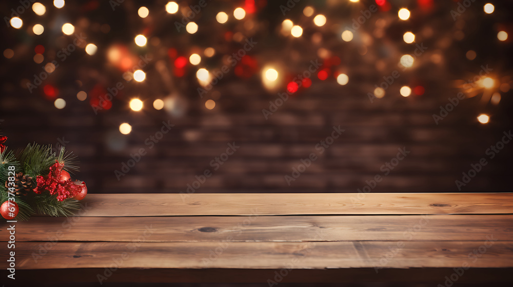 Wooden table with Christmas decorations and pine branches for products showcase. On the background a wall with gold and red lights. Copy space, advertisement, banner. Wooden table with Christmas decorations and pine branches for products showcase. On the background a wall with gold and red lights. Copy space, advertisement, banner.