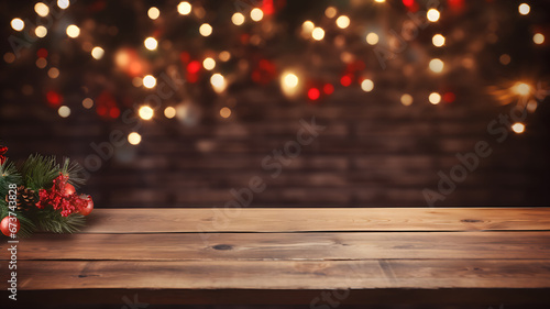 Wooden table with Christmas decorations and pine branches  for products showcase. On the background a wall with gold and red lights. Copy space  advertisement  banner.