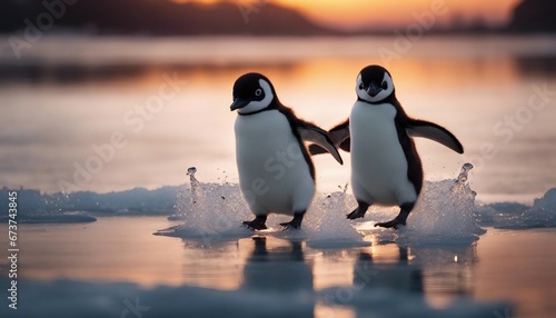 baby penguen running on ice to the camera, sunset, closeup view

 photo