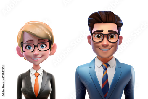 3d business people. Man and woman in strict office suits, cartoon render characters, bank employees and managers, financial sphere, vector