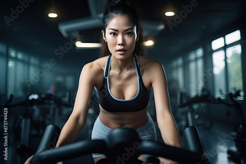 asia woman in sportive activewear training on bike at gym © Kien