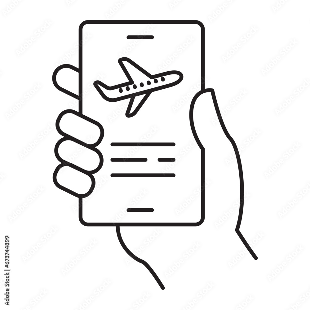 An icon featuring a mobile phone in a hand with an airplane icon on the screen, symbolizing a flight booking app, travel planning, and air travel information. An icon featuring a mobile phone in a hand with an airplane icon on the screen, symbolizing a flight booking app, travel planning, and air travel information.