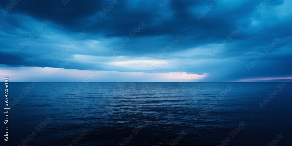 Obraz premium Dark sea surface with a dramatic cloudy sky above. Approaching storm. Generative AI
