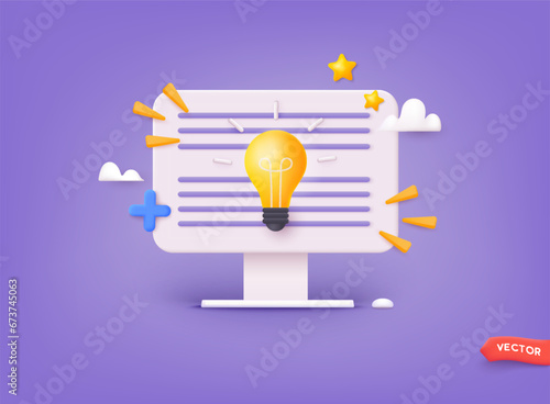 Light Bulb on Intellectual Property Document. Concept of digital law, smart contract, electronic licence, rights protection. 3D Web Vector Illustrations.