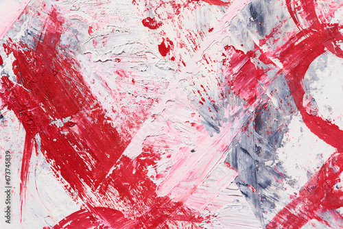 Abstract red background. Chaotic brush strokes and paint spots on white paper, bright contrasting background