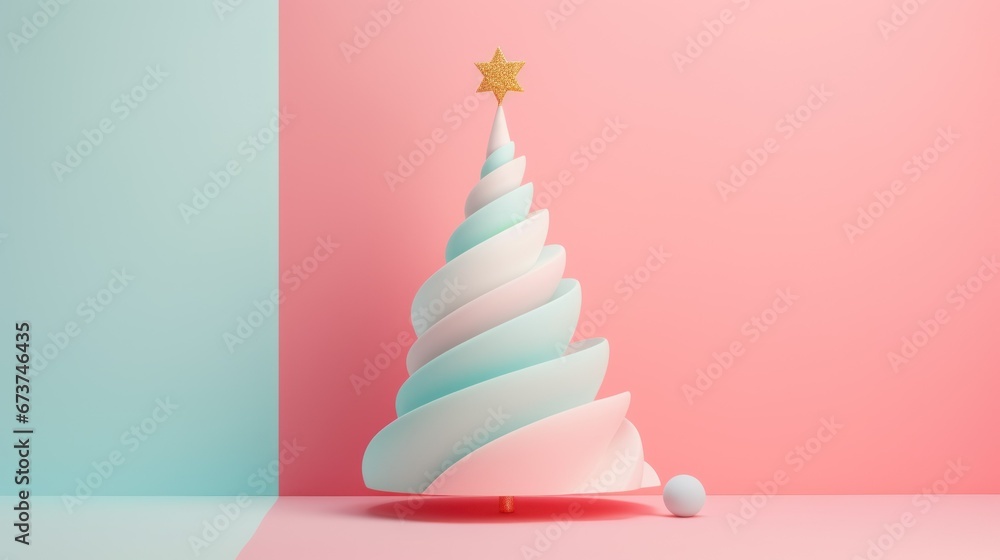 banner. happy new year and christmas concept. creative 3d christmas tree in pastel colors pink and blue with space for text