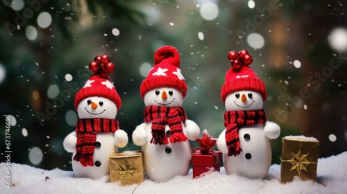 cute snowman in the forest with gifts for christmas