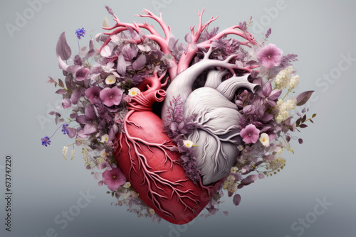 Realistic human heart with flowers. Valentine's Day greeting card. A symbol of love. #673747220
