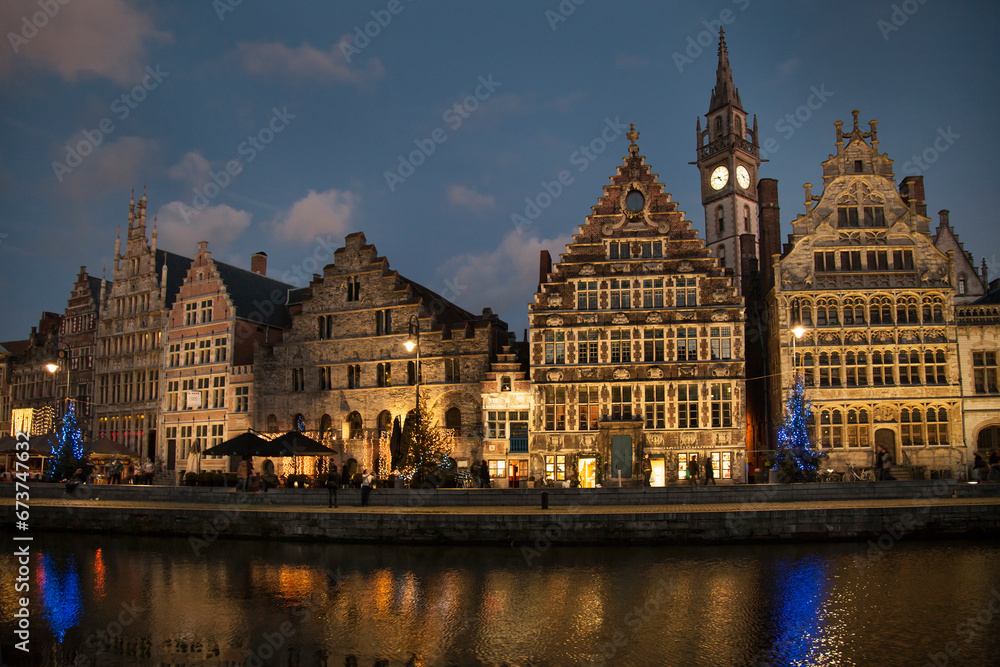 Dusk view of the canal in Grass Quay at Christmas time, Ghent