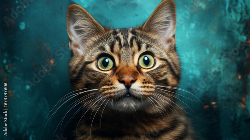 Cat staring on blue green background, illustrated.