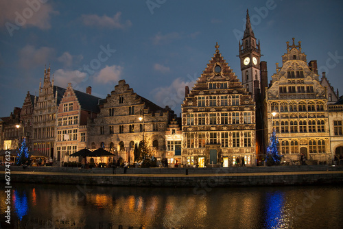 Dusk view of the canal in Grass Quay at Christmas time, Ghent