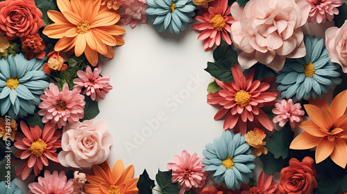 Floral frame of roses and chrysanthemums with empty white space in the center. Free space for product placement or advertising text.