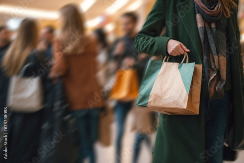 Close-up of a person holding a shopping bag in a crowded mall with blurred shoppers in the background.