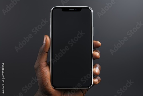 A front-view mockup of a smartphone with a blank screen for customization, held in a hand, against a black background, providing an attention-grabbing setting. Photorealistic illustration photo