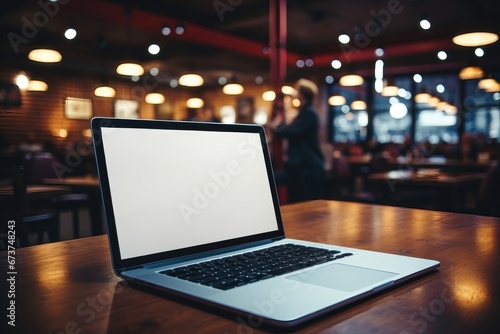 A mockup of a laptop with a blank screen for easy customization, placed on a table, providing a practical and familiar setting to showcase your digital content. Photorealistic illustration