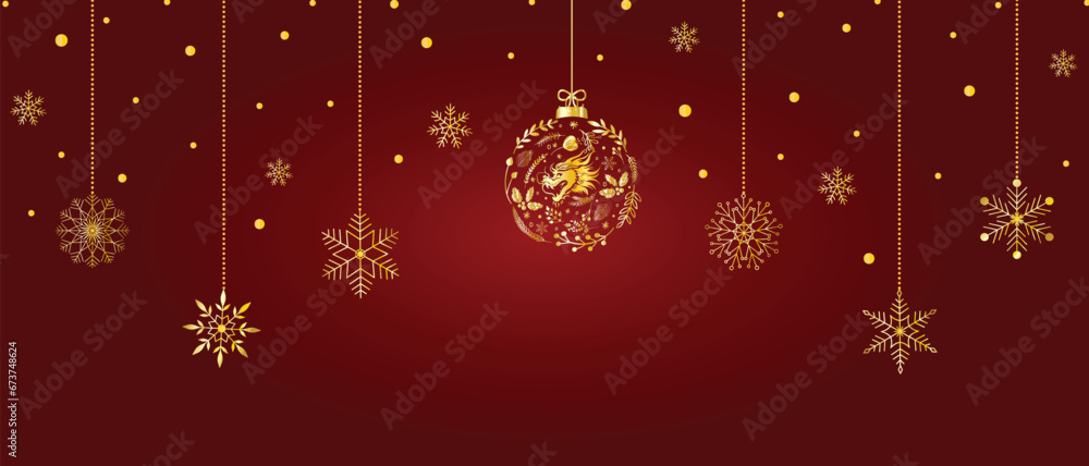New Years 2024 banner with golden christmas tree ornament with dragon head pine tree branches holly berry botanical elements. Hanging snowflakes on string on dark red background. Copy space New Years 2024 banner with golden christmas tree ornament with dragon head pine tree branches holly berry botanical elements. Hanging snowflakes on string on dark red background. Copy space