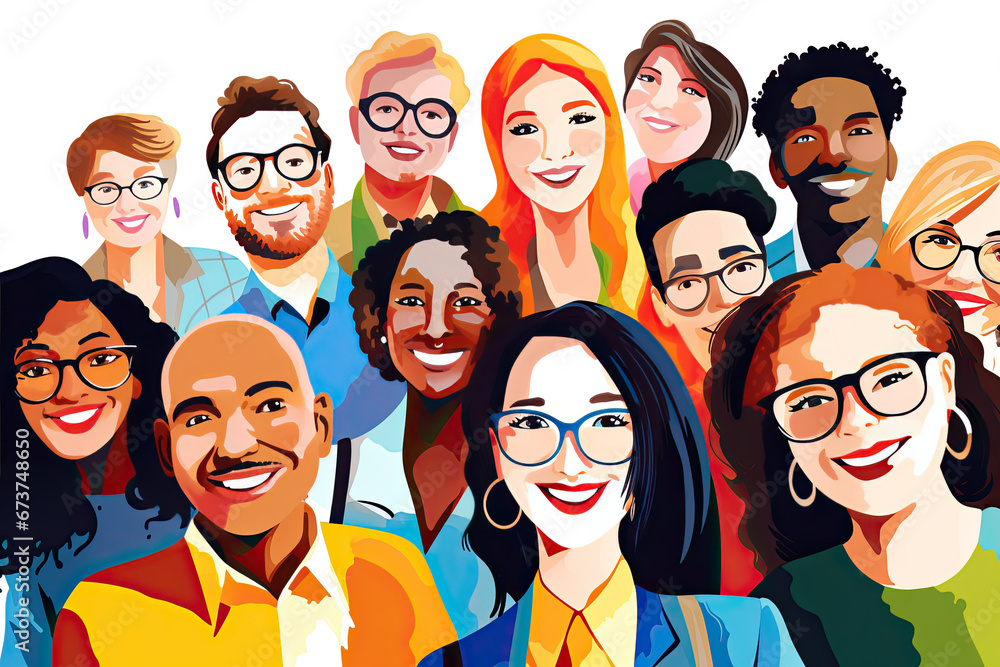 A simple illustration selfie portrait of a group people of different nationalities and genders.