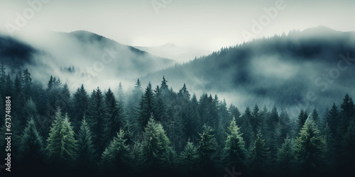 Misty mountain landscape with fir forest in vintage retro style. Generative AI © AngrySun