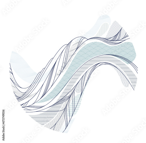 Oriental Japanese style vector abstract illustration in a shape of circle, background in Asian traditional style, wavy shapes and mountains terrain, runny like sea lines.
