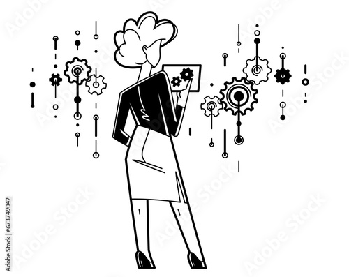 Engineer working on a project, mechanic specialist doing his job on draft plan vector outline illustration, creative inventor, machine repair.