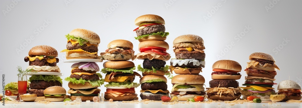 Large stacks of burgers on a white background. Generated by AI. Large stacks of burgers on a white background. Generated by AI.