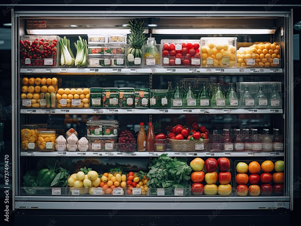 A large refrigerator shelf filled with fresh vegetables and fruits. T Generated by AI.
