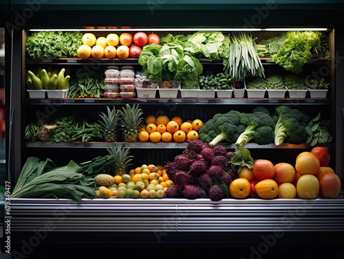 A large refrigerator shelf filled with fresh vegetables and fruits. T Generated by AI.