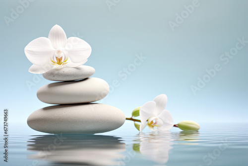 Spa still life, close-up photo with stack of white pebbles and flowers