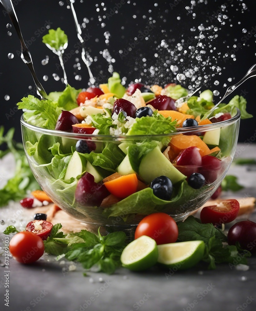 healthy and delicious salad bowl, exploding ingredients, copy space for text healthy and delicious salad bowl, exploding ingredients, copy space for text