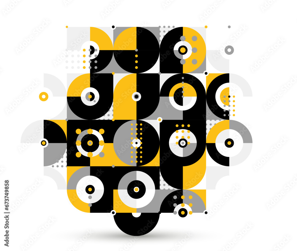 Abstract geometric vector modular background, retro 70s modernism style pattern, modular tiles with dots, spotty pattern with circles squares and triangles. Abstract geometric vector modular background, retro 70s modernism style pattern, modular tiles with dots, spotty pattern with circles squares and triangles.