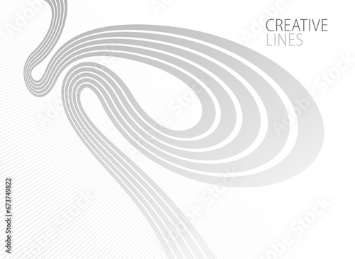 Lines in perspective vector abstract background in light grey and white monochrome, 3D dimensional stripes with smooth gradient and wavy motion.