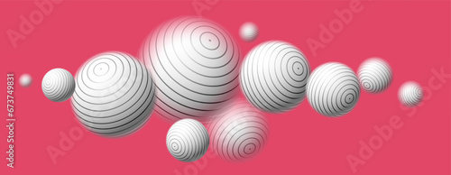 Blurred spheres over red vector abstract background, defocused balls levitating wallpaper.