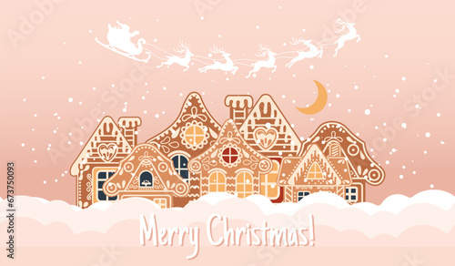 Winter landscape with cute gingerbread houses, Santa with reindeer and night sky. Merry Christmas greeting card template. Illustration in flat style. Vector
