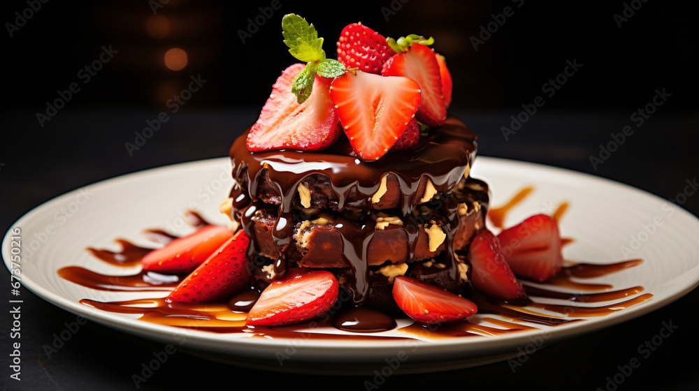 Chocolate dessert with caramel an strawberries