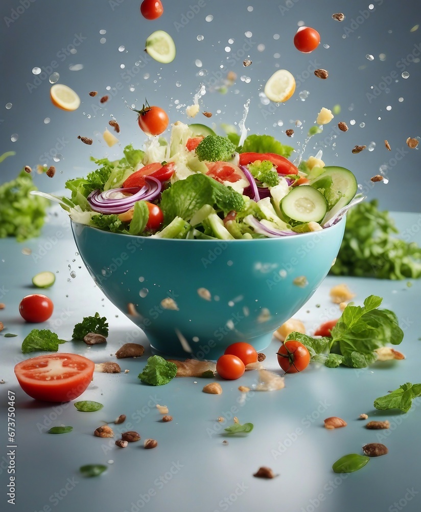 healthy and delicious salad bowl, exploding ingredients, copy space for text healthy and delicious salad bowl, exploding ingredients, copy space for text