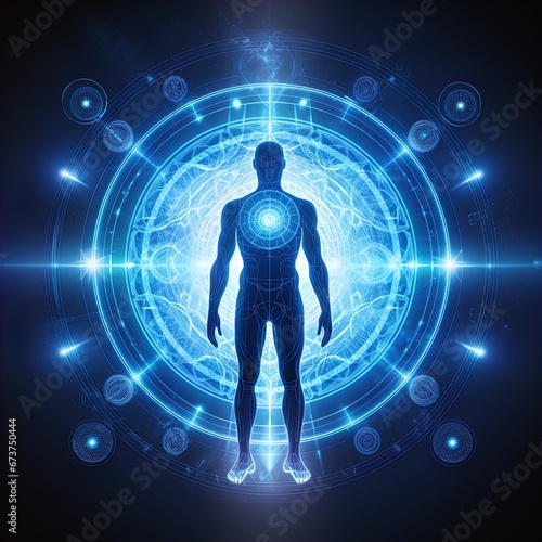 A human figure in front of a portal. Great for stories of medical breakthroughs, healthcare innovation, sci-fi, futurism, innovation and more, 