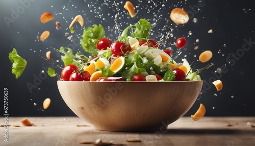 healthy and delicious salad bowl  exploding ingredients  copy space for text