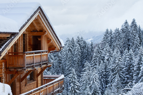 Photos wooden house chalet in winter Alps, real estate, rental property for ski holiday