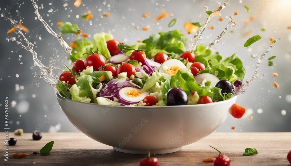 healthy and delicious salad bowl, exploding ingredients, copy space for text healthy and delicious salad bowl, exploding ingredients, copy space for text